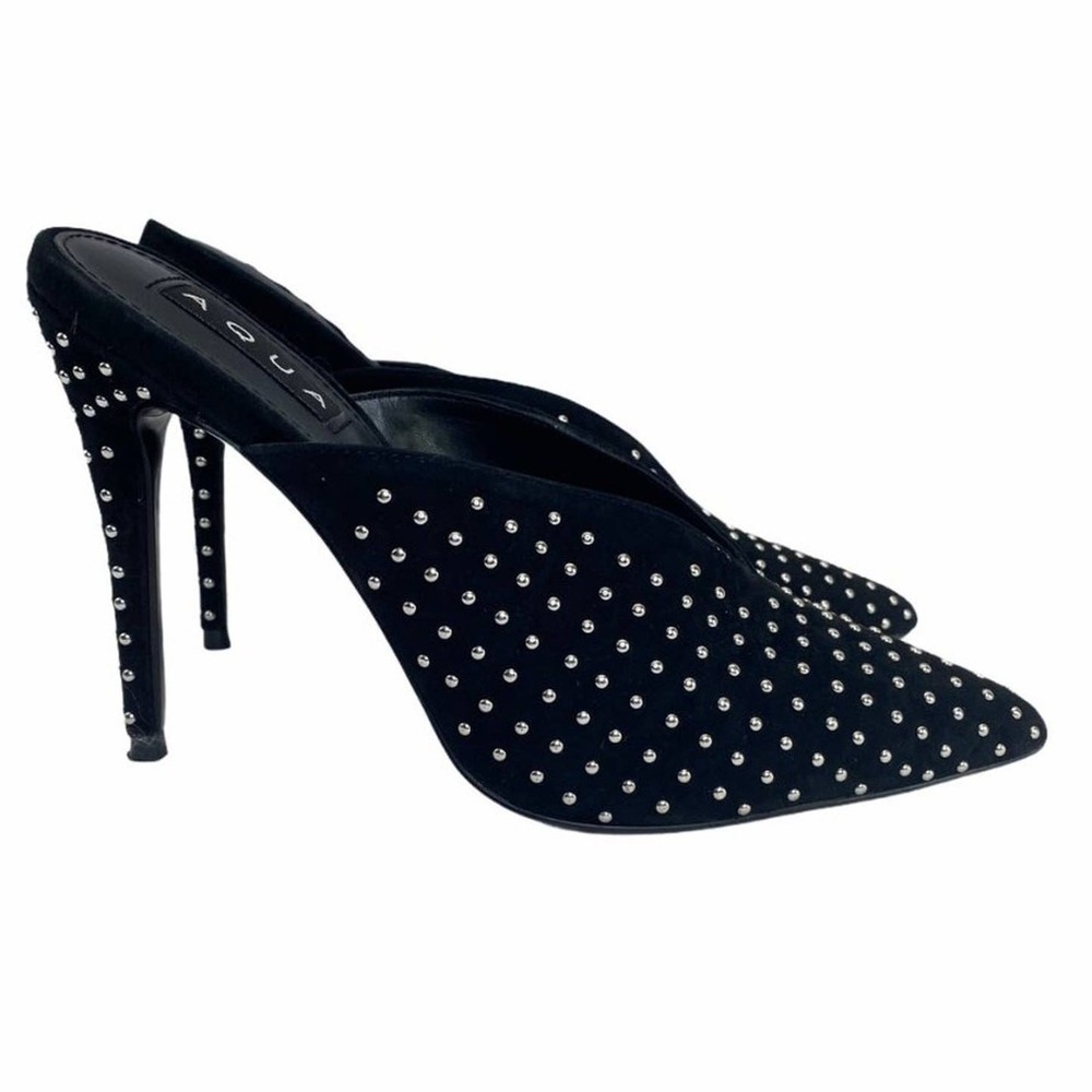 AQUA Studded Suede Mule Heels Black Pointed Toe Stiletto Pumps Womens Size 7 7M‎